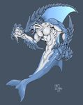  claws dorsal_fin fangs fins gills male marine muscles nude open_mouth reho scalie shark solo tail yellow_eyes 