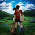  bag black_hair boots bracelet canvas_(object) choker clothes_writing cloud day ebi_(eeotoko) english engrish field from_behind grass highres hill jewelry landscape long_hair oekaki_musume original pixiv ponytail ranguage realistic rice_paddy river rural scenery shirt signature sky solo t-shirt 