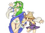  back-print_panties blonde_hair blue_eyes brown_eyes clothes_writing detached_sleeves frog green_hair hair_ornament hat highres jon_henry_nam kochiya_sanae long_hair moriya_suwako multiple_girls panties print_panties short_hair skirt skirt_lift touhou underwear 