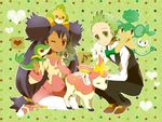  1girl axew bad_id bad_pixiv_id big_hair black_pants black_vest bow brown_eyes brown_footwear closed_mouth collared_shirt dark_skin deerling dent_(pokemon) flat_chest food gen_5_pokemon green_background green_bow green_eyes green_hair green_neckwear hair_ornament heart iris_(pokemon) long_hair long_sleeves looking_at_viewer low-tied_long_hair mochi730 musical_note on_head on_shoulder one_eye_closed pansage pants petilil petting pink_footwear pokemon pokemon_(creature) pokemon_(game) pokemon_bw pokemon_on_head pokemon_on_shoulder polka_dot polka_dot_background red_eyes seiza sewaddle shirt shoes sitting smile snivy spoken_heart spoken_musical_note squatting two_side_up very_long_hair vest white_pants white_shirt 