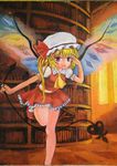  ascot blonde_hair book bookshelf fang flandre_scarlet hat hat_ribbon highres john_(pixiv2830885) laevatein oil_painting_(medium) red_eyes ribbon short_hair side_ponytail skirt solo standing standing_on_one_leg touhou traditional_media weapon wings 