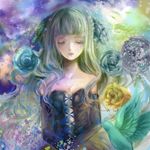  artist_request bare_shoulders bird blonde_hair blue_flower blue_rose closed_eyes curly_hair dress flower grey_rose gwendolyn long_hair odin_sphere rose strapless strapless_dress yellow_flower yellow_rose 