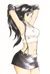  armpits arms_behind_head black_hair breasts brown_eyes elbow_gloves final_fantasy final_fantasy_vii fingerless_gloves gloves highres long_hair medium_breasts midriff pencil_skirt shirt skirt solo suspender_skirt suspenders taut_clothes taut_shirt tifa_lockhart traditional_media yabuno_zoku_hisa 