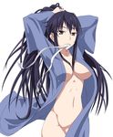  1girl adjusting_hair arms_up bottomless breasts commentary_request hand_in_own_hair holding holding_own_hair kanzaki_kaori large_breasts long_hair mouth_hold navel no_bra no_panties open_clothes open_shirt ribbon ribbon_in_mouth solo toaru_majutsu_no_index tying_hair yoshida_keiji 