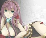  belt black_legwear blue_eyes boots breasts cleavage cleavage_cutout collar dress flower hair_ornament hairband large_breasts long_hair lying megurine_luka midriff on_side open_mouth pink_hair red_flower red_rose rose solo thighhighs vocaloid yuu_(genkai77) 