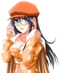  bakemonogatari black_hair breasts cabbie_hat cleavage glasses hanekawa_tsubasa hat long_hair medium_breasts monogatari_(series) nekomonogatari otoki_raku pajamas purple_eyes solo 