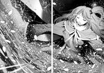  capelet closed_eyes comic fisheye giantess greyscale hair_bobbles hair_ornament highres monochrome outstretched_arms petals shinki side_ponytail smile spread_arms touhou touhou_(pc-98) wi-z_garage 