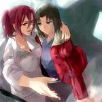  aozaki_touko arm_around_neck black_legwear brown_eyes brown_hair cigarette fingernails grey_eyes jacket japanese_clothes jewelry kara_no_kyoukai kimono long_hair mochako_(motyako) multiple_girls nail_polish necklace obi ponytail red_eyes red_jacket ryougi_shiki sash short_hair thighhighs 