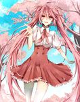  alternate_color alternate_hair_color bad_id bad_pixiv_id cherry_blossoms hatsune_miku highres long_hair noka_(blackheart1118) object_namesake open_mouth petals pink_eyes pink_hair sakura_miku smile solo thighhighs twintails very_long_hair vocaloid zettai_ryouiki 