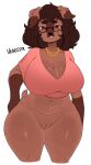  anthro big_breasts black_nose bottomless breasts brown_body brown_fur brown_hair canid canine canis clothed clothing domestic_dog eyewear female floppy_ears freckles fur genitals glasses hair huge_breasts jewelry looking_at_viewer mammal necklace neiliousdyson pussy solo thick_thighs topwear wide_hips 