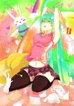  aki.7 arms_up bracelet bunny gift green_eyes green_hair hatsune_miku holding holding_gift jewelry long_hair navel open_mouth seiza sitting skirt solo thighhighs tic-tac-toe twintails very_long_hair vocaloid 