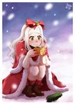  annoyed bell blush boots bow cape cup drink face gloves green_eyes hair_bow jingle_bell long_hair meago mina_(meago) mug original snow solo squatting white_hair 