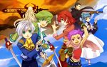  4boys :d ange_serena armpits asura_(tales) beard belt beret black_hair blue_eyes blue_hair bow brown_eyes cartridge clenched_hands cloud collar curly_hair dress durandal_(tales) everyone facial_hair frills from_behind gloves green_eyes green_hair grey_eyes gun happy hat hermana_larmo horns iria_animi kurosuna long_hair multiple_boys multiple_girls open_mouth pants pointing ponytail purple_hair raised_fist red_eyes red_hair ribbon ricardo_soldato rifle ruca_milda short_hair sky smile spada_belforma sword tales_of_(series) tales_of_innocence tongue very_long_hair very_short_hair weapon white_hair 