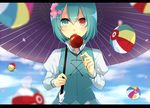  amaya_enaka aqua_eyes aqua_hair ball blue_eyes blue_hair blue_sky blurry candy candy_apple day depth_of_field eating flower food hair_flower hair_ornament heterochromia letterboxed oriental_umbrella paper_balloon purple_umbrella red_eyes short_hair sky solo tatara_kogasa touhou umbrella upper_body 