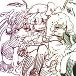  flandre_scarlet grin hat houjuu_nue komeiji_koishi meeko monochrome multiple_girls short_hair sketch smile stage_connection touhou wings 