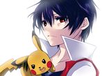  black_hair dokidokimuuchama gen_1_pokemon male_focus no_hat no_headwear pikachu pixiv_red pokemon pokemon_(creature) pokemon_(game) red_(pokemon) red_(pokemon_rgby) red_eyes 