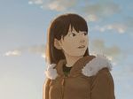 brown_eyes brown_hair original realistic short_hair sky solo tnt_(aaaazzzz) upper_body winter_clothes 