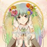  2011_sendai_earthquake_and_tsunami aqua_eyes art_nouveau bare_shoulders detached_sleeves flower gradient_hair hair_flower hair_ornament hands_together hatsune_miku light_smile long_hair md5_mismatch multicolored_hair necktie own_hands_together solo translated twintails vocaloid yuu_(arcadia) 