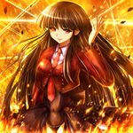  black_hair breasts fire large_breasts long_hair lucifer necktie nin_(female) pink_neckwear red_eyes smile solo stakes_of_purgatory umineko_no_naku_koro_ni 