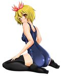  absurdres ass bad_id bad_pixiv_id black_legwear blonde_hair blush hair_ornament highres looking_back one-piece_swimsuit school_swimsuit shiny shiny_clothes short_hair skindentation smile solo swimsuit tera_hiroshi thighhighs toramaru_shou touhou yellow_eyes 