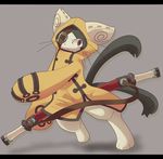  animal_ears animal_hood blazblue cat cat_ears cat_hood eyepatch furry highres hood jubei_(blazblue) male_focus multiple_tails red_eyes solo sword tail weapon 