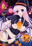  1girl bad_id breasts candy halloween hat lollipop long_hair mocomoco_party original panties pink_hair pumpkin purple_eyes smile solo thighhighs underwear witch witch_hat 