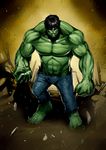  angry bad_id bad_pixiv_id black_hair bruce_banner delta_zone green_skin hulk male_focus marvel monster muscle shirtless solo torn_clothes 
