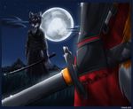  0r0ch1 2005 canine duel fox grass_field japanese_clothing katana moon mountain night outside samurai stars sword tail weapon 