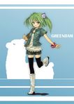  alpaca armband boots casual character_name eviler green_dam green_eyes green_hair hair_ornament hair_ribbon leg_up os-tan personification ribbon shield silhouette solo thighhighs 