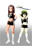  alternate_costume avatar:_the_last_airbender avatar_(series) belt katara leather multiple_girls simple_background skirt socks toph_bei_fong 