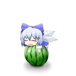  blue_hair bow cirno closed_eyes dress food fruit hair_bow hiro_(pqtks113) holding holding_food holding_fruit short_hair solo touhou watermelon wings 