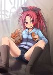  aikura_(twilight_dusk) bag boots casual denim denim_shorts face fang food long_hair mahou_shoujo_madoka_magica pink_eyes pink_hair ponytail sakura_kyouko shopping_bag shorts sitting smile solo spread_legs taiyaki wagashi 