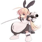  animal_ears boots bunny_ears chibi clothes_writing gloves gun handgun hoihoi-san ichigeki_sacchuu!!_hoihoi-san long_hair maid minigirl oekaki pink_hair solo sword weapon yakushiji_takahito 