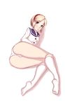  ass blonde_hair blue_eyes blush feet footwear hairband jewelry knee_highs kneehighs legs looking_back necklace no_pants panties pendant resident_evil resident_evil_2 sawao sherry_birkin short_hair simple_background socks underwear white_legwear white_panties 