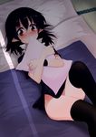  black_hair black_legwear blush brown_eyes chipa_(arutana) convenient_leg futon highres houjuu_nue lying no_panties on_back pillow pillow_hug pointy_ears short_hair solo thighhighs touhou 