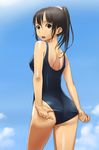  adjusting_clothes adjusting_swimsuit ass black_eyes black_hair face hands highres long_hair looking_back one-piece_swimsuit onigiri_jou open_mouth original ponytail school_swimsuit solo swimsuit wet 