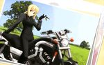  absurdres ahoge artoria_pendragon_(all) blonde_hair detexted fate/tiger_colosseum fate/zero fate_(series) formal green_eyes ground_vehicle highres key motor_vehicle motorcycle nagamori_masato necktie pant_suit saber saber_lion solo suit third-party_edit yamaha 