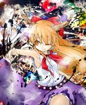  armpits bad_id bad_pixiv_id bow gourd hair_bow horn_ribbon horns ibuki_suika koohee one_eye_closed orange_eyes orange_hair ribbon shirt sleeveless sleeveless_shirt solo touhou 