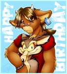  birthday bovine bracelet brown brown_eyes brown_hair bull ear_tag glasses hair horns inuki jewelry looking_at_viewer male piercing shirt short_hair skifi_(character) solo standing tag wile_e._coyote 