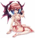  apron ass bad_id bad_pixiv_id bat_wings blood blue_hair breasts choker earrings feet hat jewelry looking_back nail_polish naked_apron panzer pointy_ears red_eyes remilia_scarlet short_hair simple_background sitting sketch small_breasts solo thighhighs tongue touhou wariza wings wrist_cuffs 