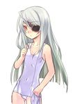  :&lt; adjusting_clothes adjusting_swimsuit ahoge collarbone eyepatch flat_chest infinite_stratos laura_bodewig long_hair one-piece_swimsuit red_eyes school_swimsuit silver_hair simple_background solo standing swimsuit tsurime wanko_(takohati8) white_school_swimsuit white_swimsuit 