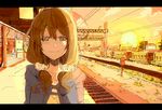  blush brown_eyes brown_hair cityscape letterboxed original railroad_tracks smile solo sunset tears train_station vient vocaloid 