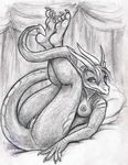  bed breasts curiodraco dragon female horns legs_up nude pillow pussy scalie solo 
