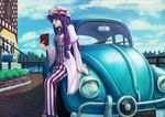  absurdres book car crescent ground_vehicle hat highres motor_vehicle pale_skin patchouli_knowledge purple_eyes purple_hair raming_(0raming0) solo touhou volkswagen volkswagen_beetle 