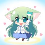  animal_ears blush cat_ears chibi frog green_eyes green_hair hair_ornament hasewox heart kemonomimi_mode kochiya_sanae long_hair pantyhose snake solo tail touhou 