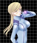  blonde_hair blue_eyes bodysuit highres long_hair metroid samus_aran solo tamamon zero_suit 