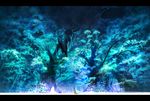  animal bear black_hair blue forest glowing glowing_eyes kajimiya_(kaji) nature original robe scenery sitting snake solo tanuki tree 
