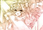  bad_id bad_pixiv_id cheong_ha flandre_scarlet gradient graphite_(medium) hat mixed_media monochrome short_hair smile solo touhou traditional_media wings wrist_cuffs 