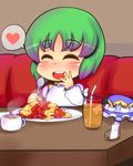  bad_id bad_pixiv_id blush chibi closed_eyes cup drinking_glass drinking_straw eyebrows food green_hair hand_on_own_cheek hand_on_own_face hat hat_removed headwear_removed heart highres open_mouth plate shiki_eiki smile solo spoken_heart spoon suteinu_(stain) touhou 