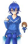  blue_hair brown_eyes chibi chibi_inset cosplay glasses hayashiya_zankurou highres hirasawa_yui imaichi_moenai_ko imaichi_moenai_ko_(cosplay) k-on! kobe_shinbun manabe_nodoka multiple_girls panties pantyshot semi-rimless_eyewear short_hair sitting sleeves_past_wrists striped striped_panties thighhighs under-rim_eyewear underwear 